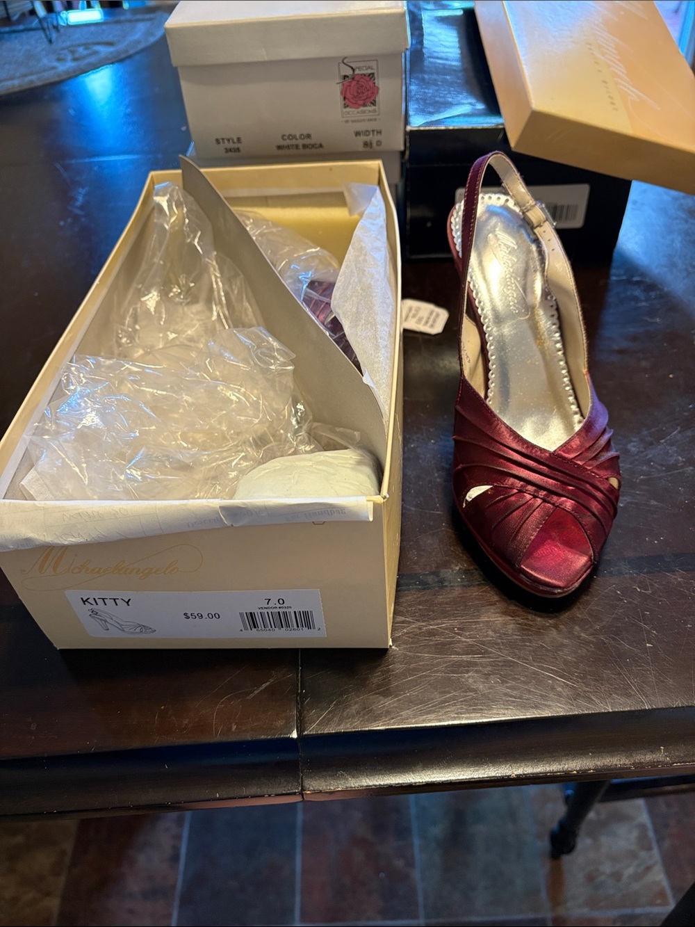 Michaelangelo Satin Slingback Peep-Toe Heels in wine